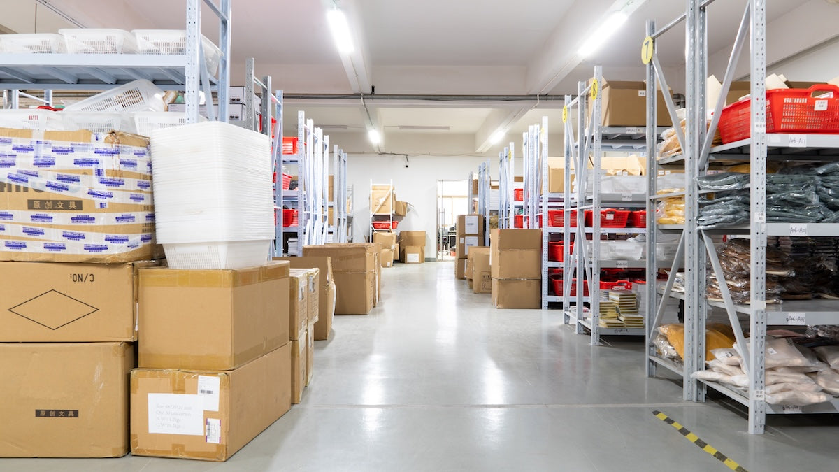 Warehouse interior with shelves and boxes